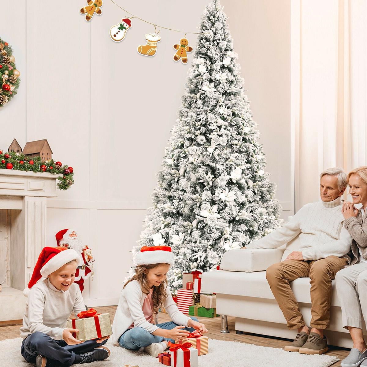 8  8 Feet Snow Flocked Hinged Christmas Tree with Berries and Poinsettia Flowers