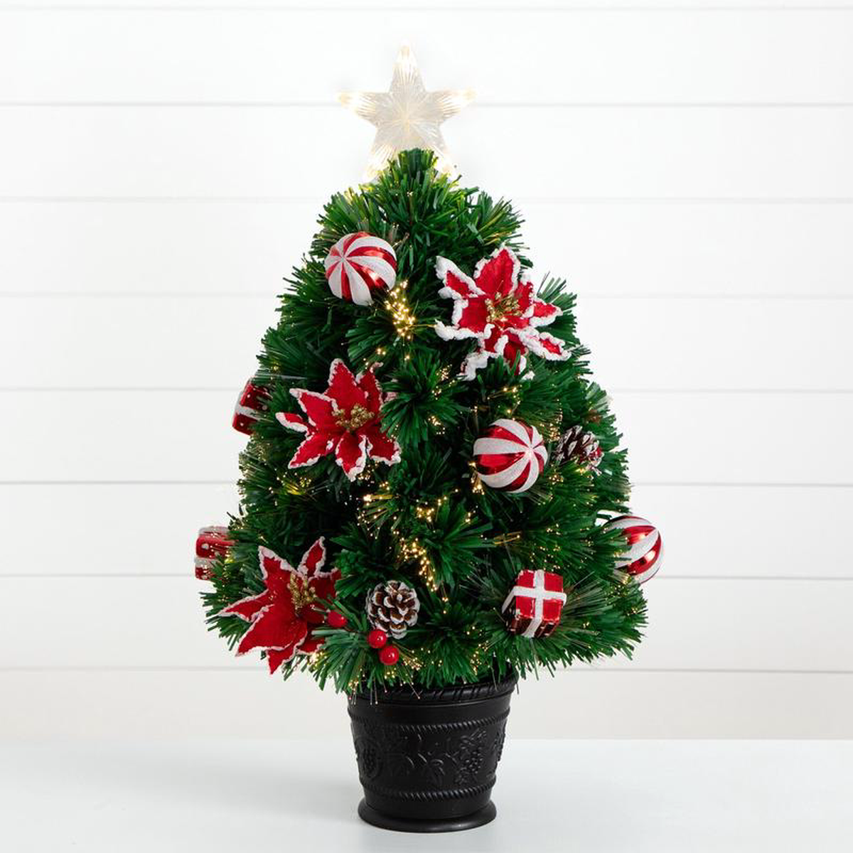 248243 Pre-Lit Fiber Optic Artificial Christmas Tree with Ornaments Poinsettia and Star Topper